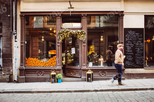 Preview: Sweden, Stockholm, Gamla Stan, Man walking by cafe