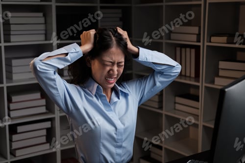 Preview: Stressful young Asian business woman having a mental breakdown after working too much, working overt
