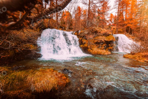 Preview: Cascading Waterfalls Amid Vibrant Autumn Foliage at Twilight