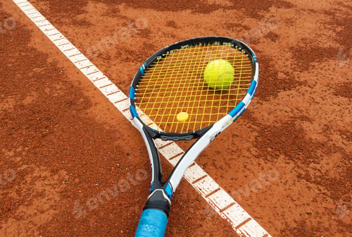 Preview: Tennis ball and racket on a clay court close-up
