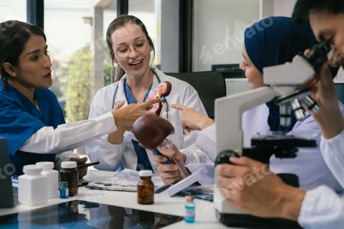 Visualização: Medicina, reunião e laptop para a equipe no escritório em discussão, brainstorming e planejamento.