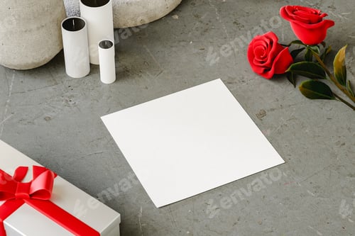 Preview: Romantic scene of a blank postcard with rouses and gifts. 3d render