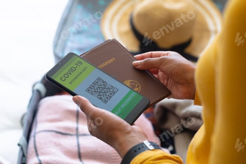 Preview: Midsection of african american woman holding passport and covid-19 vaccine certificate on smartphone