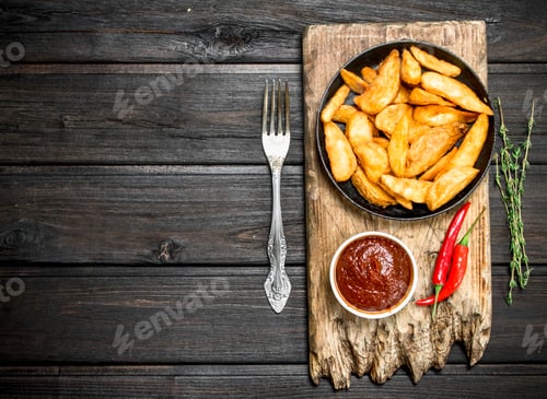 Preview: Baked potato slices with tomato sauce and hot chili peppers.
