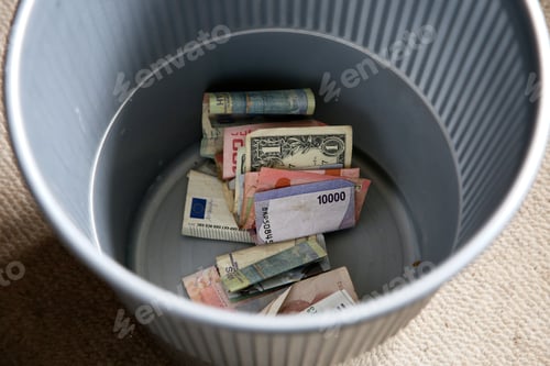 Preview: High angle shot of some cash in a metal garbage can on a carpet