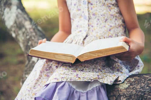Preview: Asian Girl holding book reading at green park in natural garden.