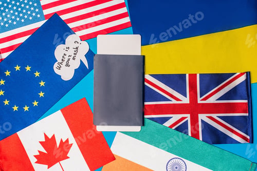 Preview: Top view of passport, air ticket near speech bubble with where is your mask lettering and flags of