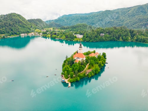 Preview: Aerial view of Lake Bled with Assumption of Maria Church chruch and monstary, Bled, Slovenia