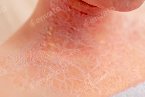 Preview: close-up of inflamed red crusted skin dermatology desquamation disease