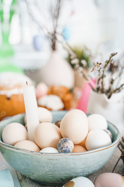 Preview: Table decoration for Easter celebration in kitchen.Tablescape for Easter holiday at home.Family reli