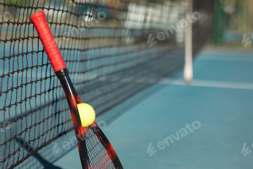 Preview: Tennis ball and red racket leaning on net at court on sunny day
