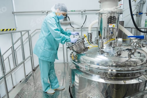 Preview: Pharmaceutical factory woman worker in protective clothing operating production line in sterile