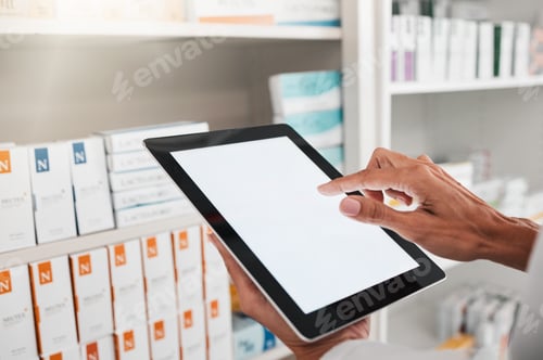 Preview: Person, pharmacist and hands with tablet mockup for inventory inspection or checking stock at pharm