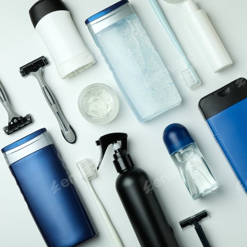 Preview: Concept of men's hygiene tools on white background