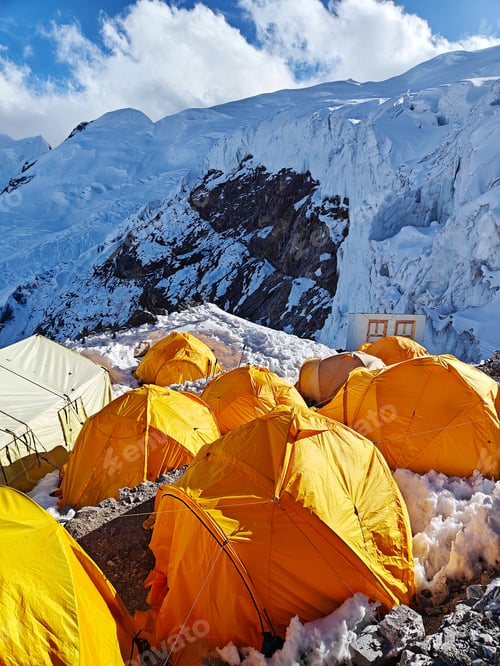 Preview: Himalayan mountain camp in Nepal, colorful tents, glacier, and clouds