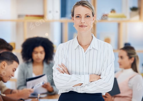 Preview: Business woman, success and startup entrepreneur in a office team meeting feeling proud. Portrait o