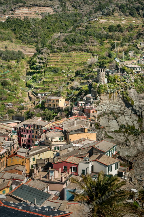 Preview: houses on terraced hills, fortress tower in Vernazza, Cinque Terre from a height