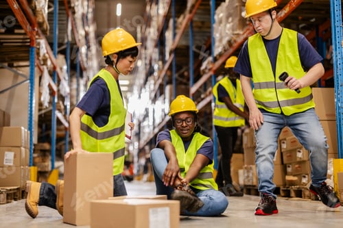 Preview: Warehouse workers reacting to workplace accident injury