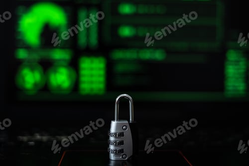 Preview: Cyber Security concept, padlock, and hacker screen