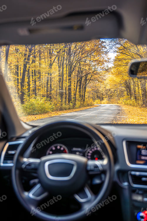 Preview: Car steering wheel and interior. Road view from inside the car.