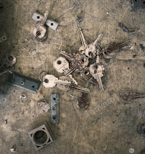 Preview: Locksmith background with old keys and lock parts in an abandoned workshop