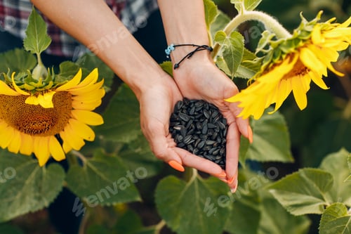 Preview: Woman hands holding sunflower seeds in a field