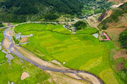 Preview: Paddy rice terraces, green agricultural fields in countryside of mountain hills valley, Vietnam.