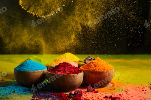 Preview: Colorful traditional Holi powder in bowls. Happy Holi. Concept Indian color festival.
