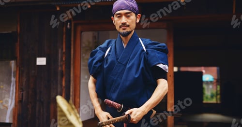 Preview: Japanese samurai, man and sword for martial arts in kendogi for self defense, combat or protection