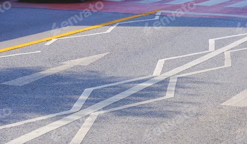 Preview: Zigzag traffic white line with pedestrian zebra crossing symbol on asphalt road in city street