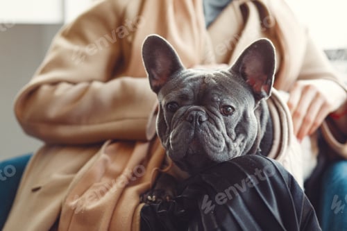 Preview: Elegant woman in a brown coat with black bulldog