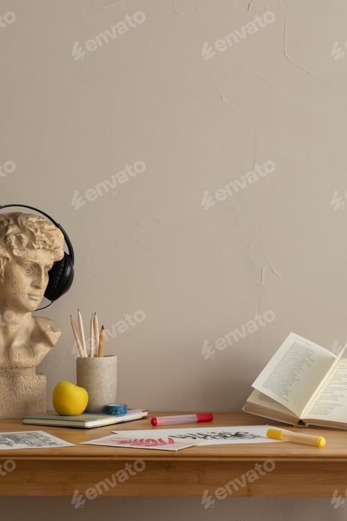 Preview: Creative composition of aesthetic living room interior with wooden desk