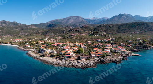 Preview: Greece, Kardamili town, Mani aerial view. Stone building and nature. Blue sky and sea