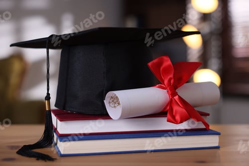 Preview: Graduation cap, books and diploma on wooden table, closeup