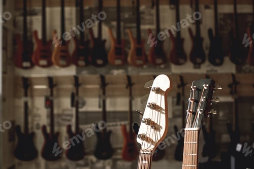 Preview: Close-up view of two guitar headstocks againt of a row of different electric guitars aligned in a