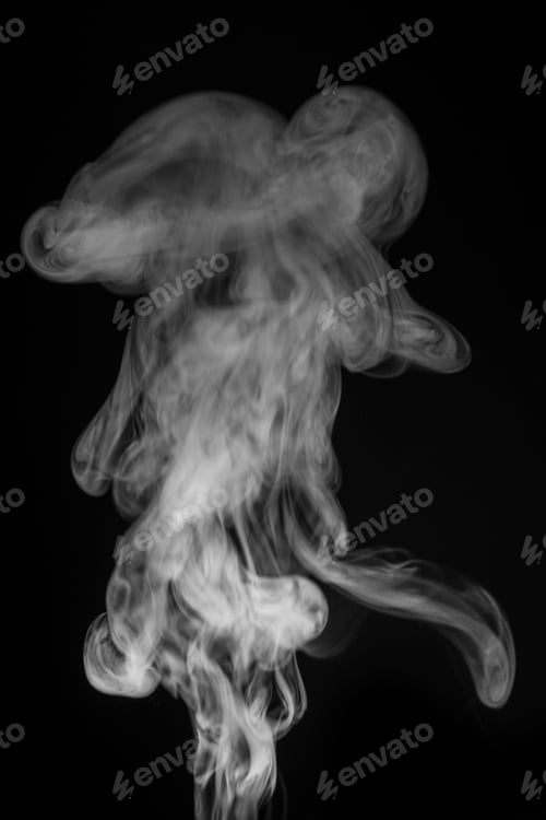 Preview: Fragment of white hot curly steam smoke isolated on a black, overlay or texture
