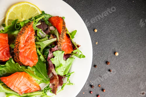 Preview: Salmon salad green leaf salad seafood natural healthy food main course ingredient appetize food