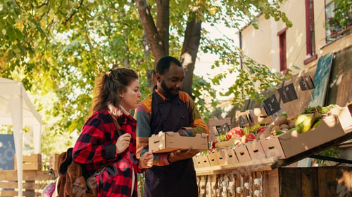 Preview: Team of diverse farmers preparing food market stand