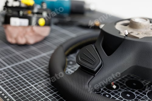 Preview: Repair of a leather car steering wheel in an auto repair shop on the table.