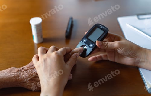 Preview: Diabetes, nurse. Healthcare, health and medical professional with glucose meter to test insulin leve