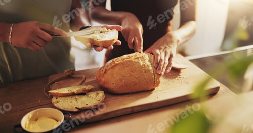Preview: Kitchen, butter and hands of people with bread on counter with slice for sandwich, breakfast and me