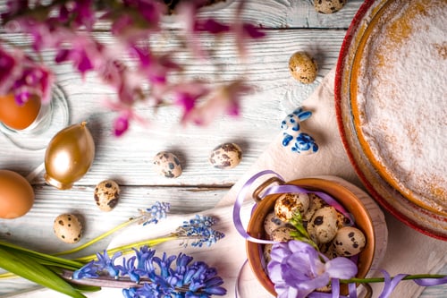 Preview: Easter decoration , flowers and German Easter cake on the white wooden table