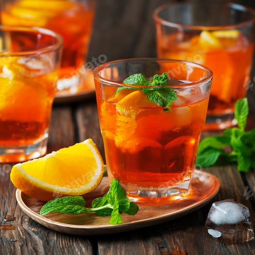 Preview: Glass of cocktail with ice, orange and mint
