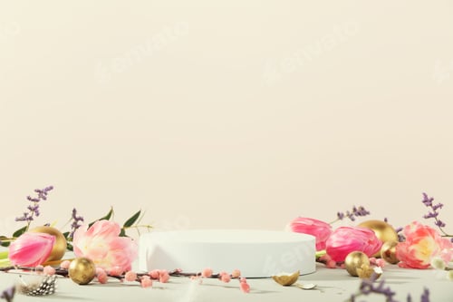Preview: Empty round podium, easter gold eggs with spring flowers on a yellow background
