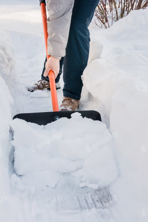 Preview: Man clearing snow by shovel after snowfall. Outdoors.