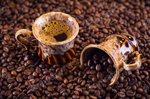 Preview: Cup of coffee and cup full of roasted coffee beans.