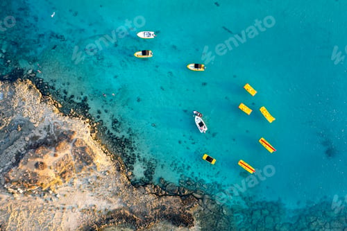 Preview: Aerial drone photograph of watersport boat equipment at fig tree bay beach cyprus