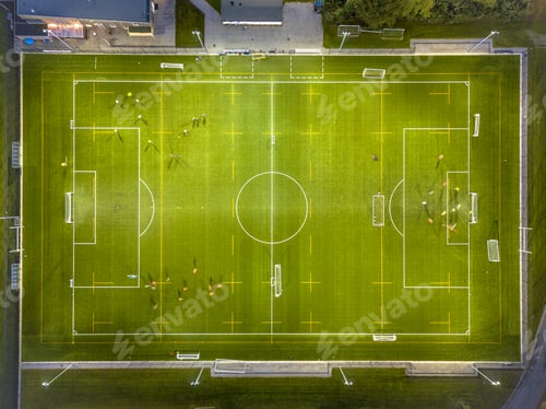 Preview: Aerial view of soccer field at night