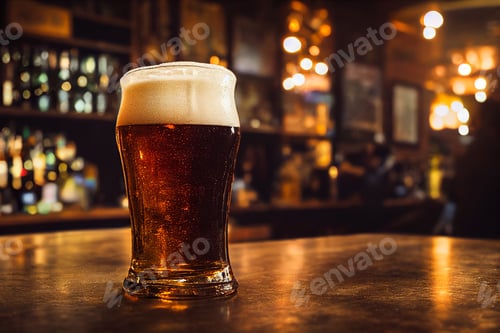 Preview: Close-up on smooth glass full of cold delicious tasty beer, with a bar in the background