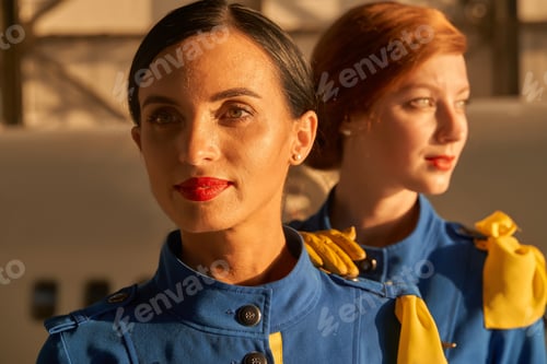 Preview: Smiling beautiful stewardesses in the evening sunlight